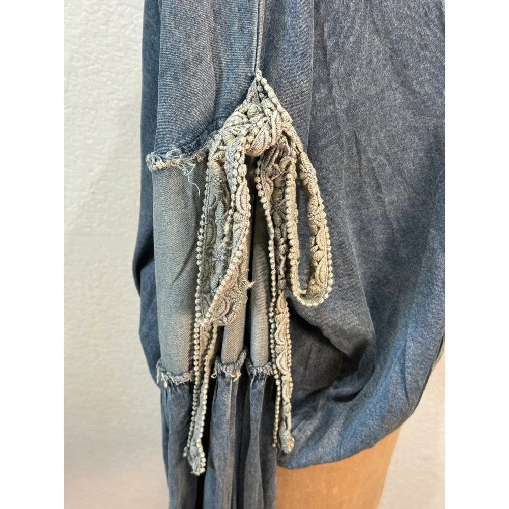 Jaded Gypsy Tied About Jacket Chambray Blue‎ Denim Zip Hoodie Lace S/M NWT